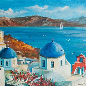 Seascape Oil Painting Greek Island Painting Santorini Island Art Greece Decor Blue Sea Wall Art Landscape 14&#39;-18&#39; by AnjiHarmonyArt