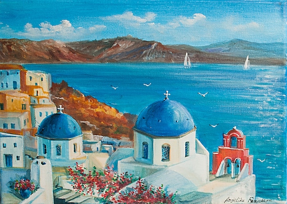海景油絵 ギリシャの島の絵画 サントリーニ島のアート ギリシャ