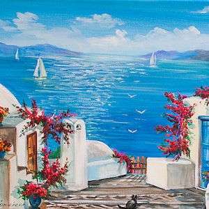 Greek Island Painting  on Canvas Santorini Island Art  Blue Sea Wall Art Sea Landscape Artwork 10&#39;-14&#39;by AnjiHarmonyArt
