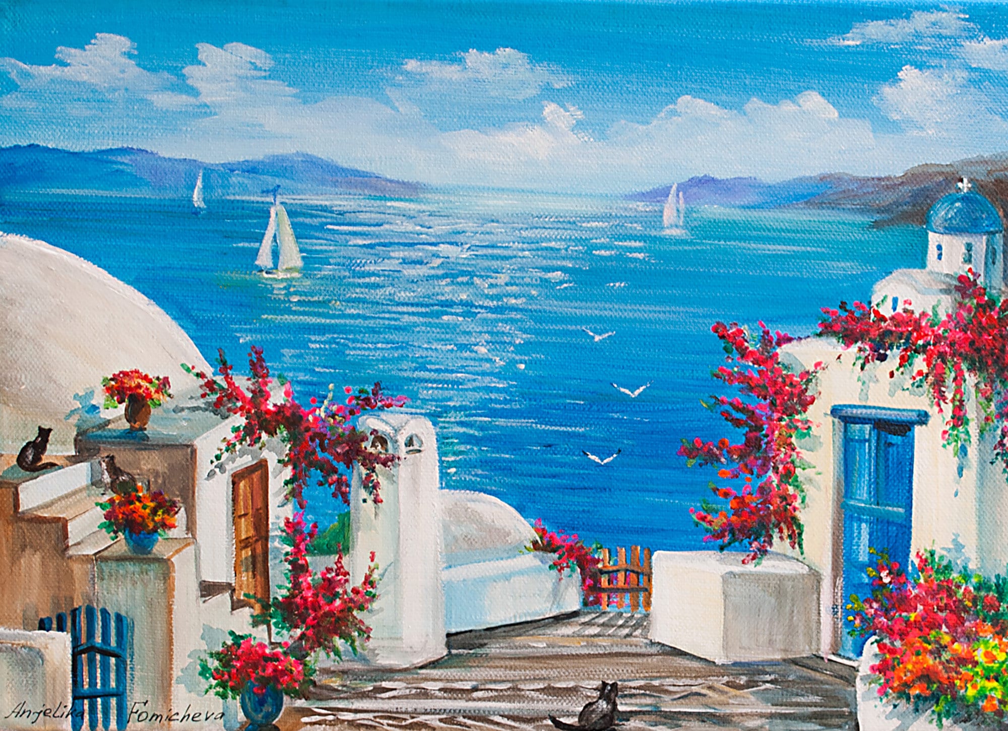 Greek Island Painting on Canvas Santorini Island Art Blue Sea Etsy