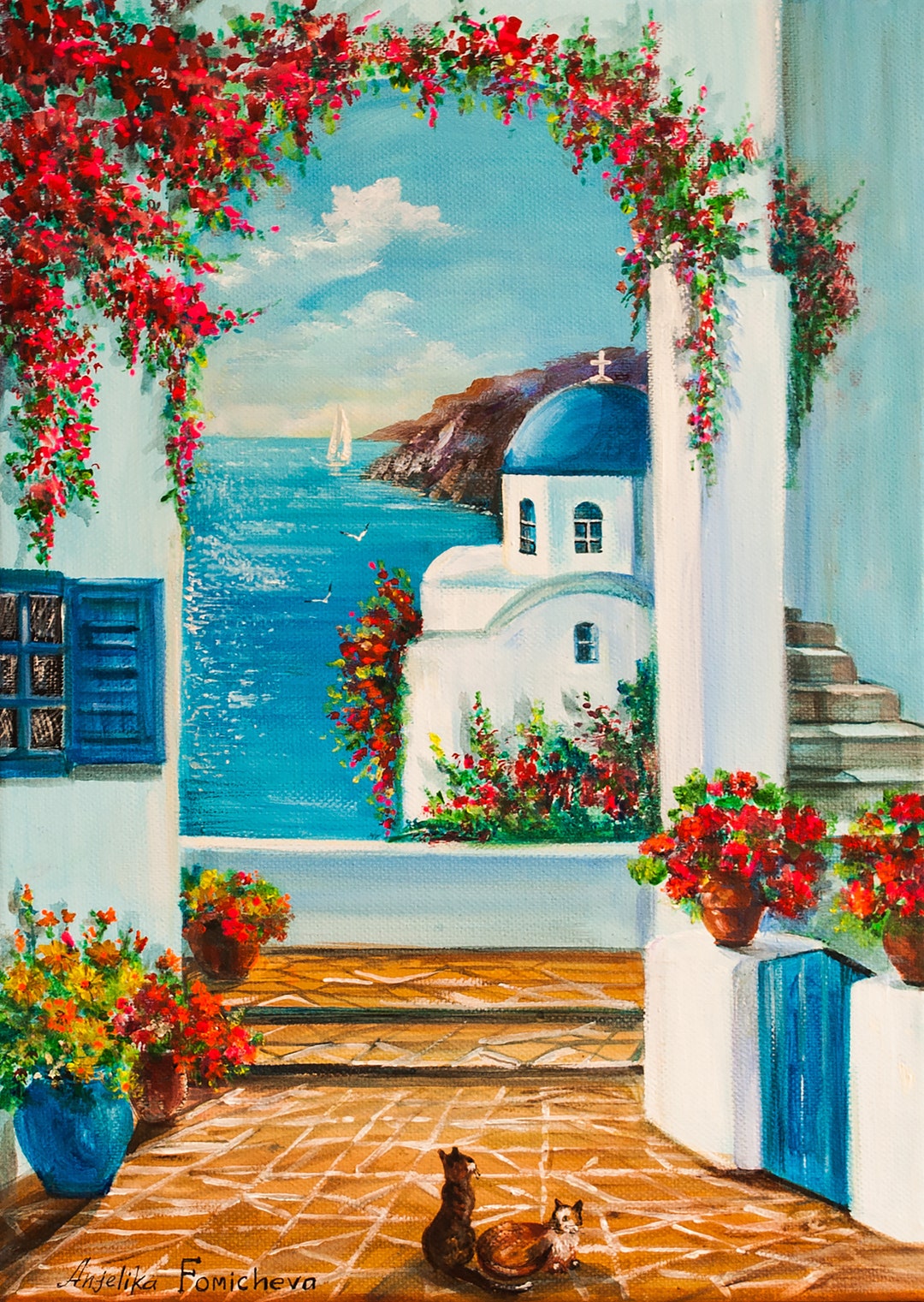 サントリーニ島の海景油絵：ギリシャの島の芸術（10x14フィート