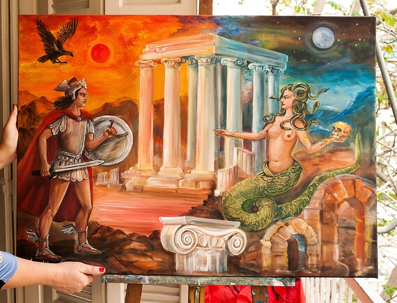 English: Oil on canvas of the god Mercury and goddess Minerva providing the  warrior Perseus with armor to battle the Gorgon, Medusa. Italian: Perseo  giovane armato da Mercurio ed Atena Perseus
