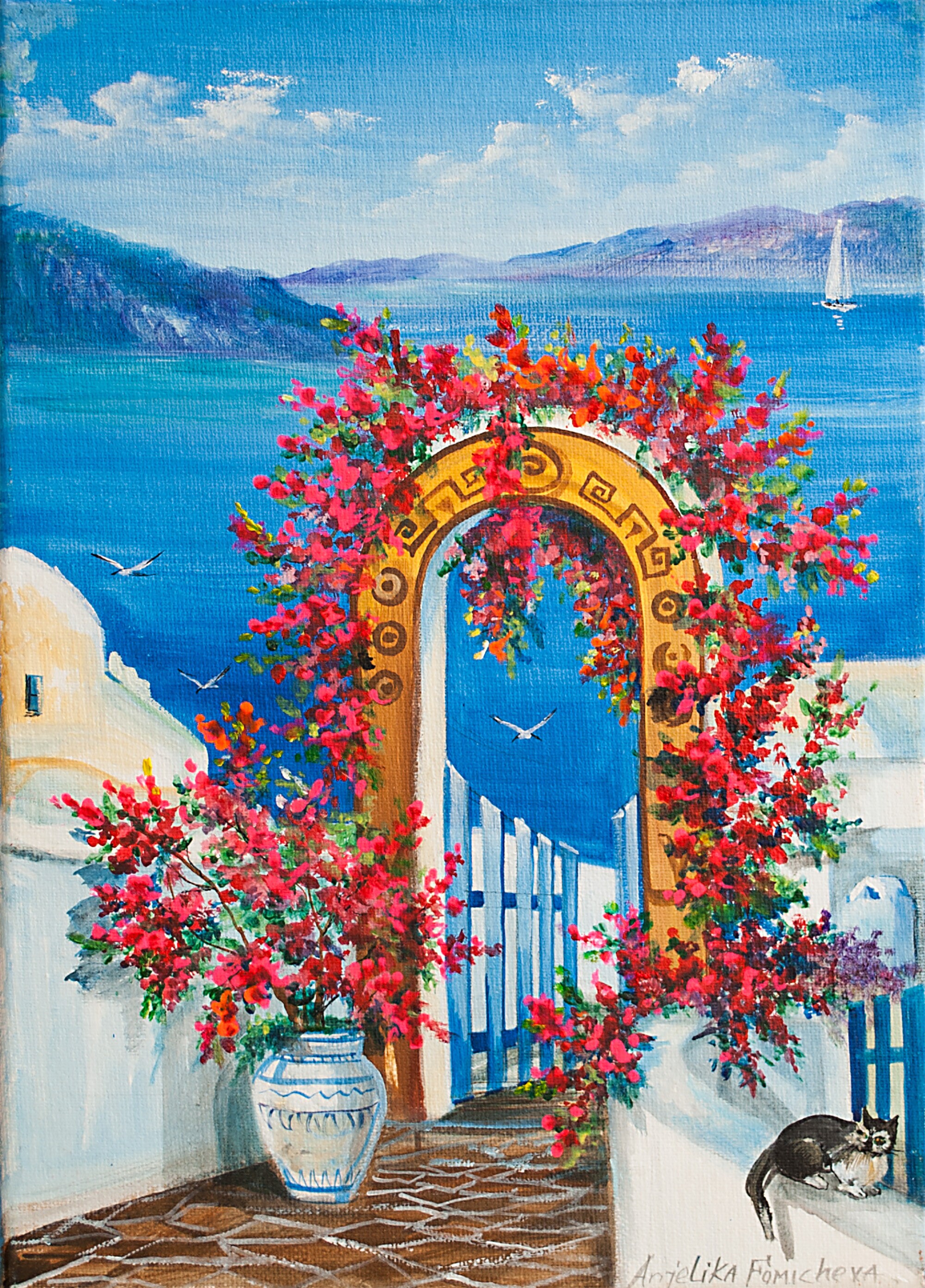 Greek Wall Art Seascape Oil Painting Flower Arch Landscape Etsy