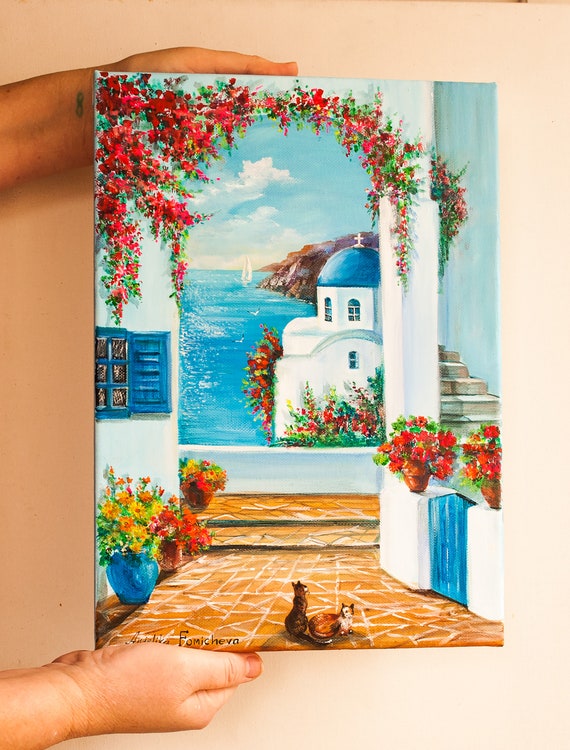 サントリーニ島の海景油絵：ギリシャの島の芸術（10x14フィート