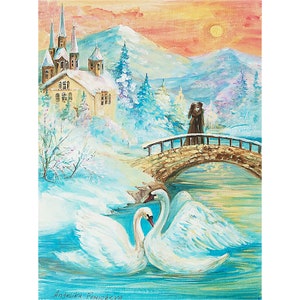 Swan Original Painting Winter Countryside Art White Swan Romantic Gift Couple Whimsical Art 12&#39;-16&#39;
