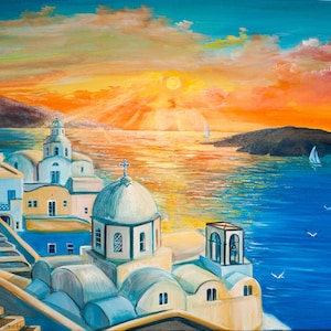 Original Painting Greece Sunset Art Santorini Wall Art Travel Gift Painting  20'-24'