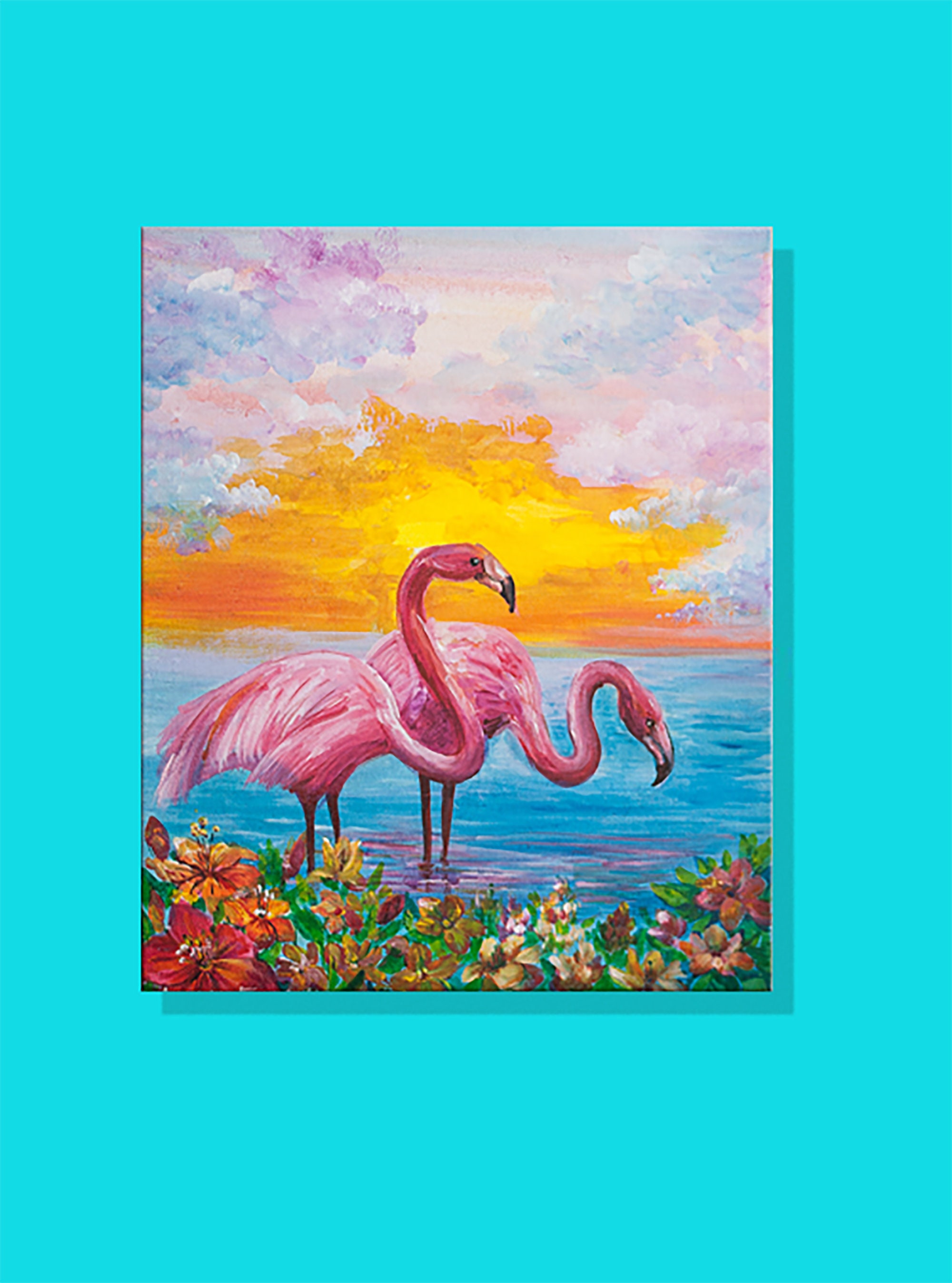 Artery8 Flamboyant Flamingo Feathers Artwork Bird in the Rain Vibrant Pink Orange Green Artwork Framed Wall Art Print 9X7 Inch
