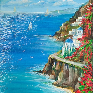 Greek Island Painting  on Canvas Santorini Island Art  Blue Sea Wall Art Greek Sea Coastal Landscape Artwork 12&#39;-16&#39;by AnjiHarmonyArt