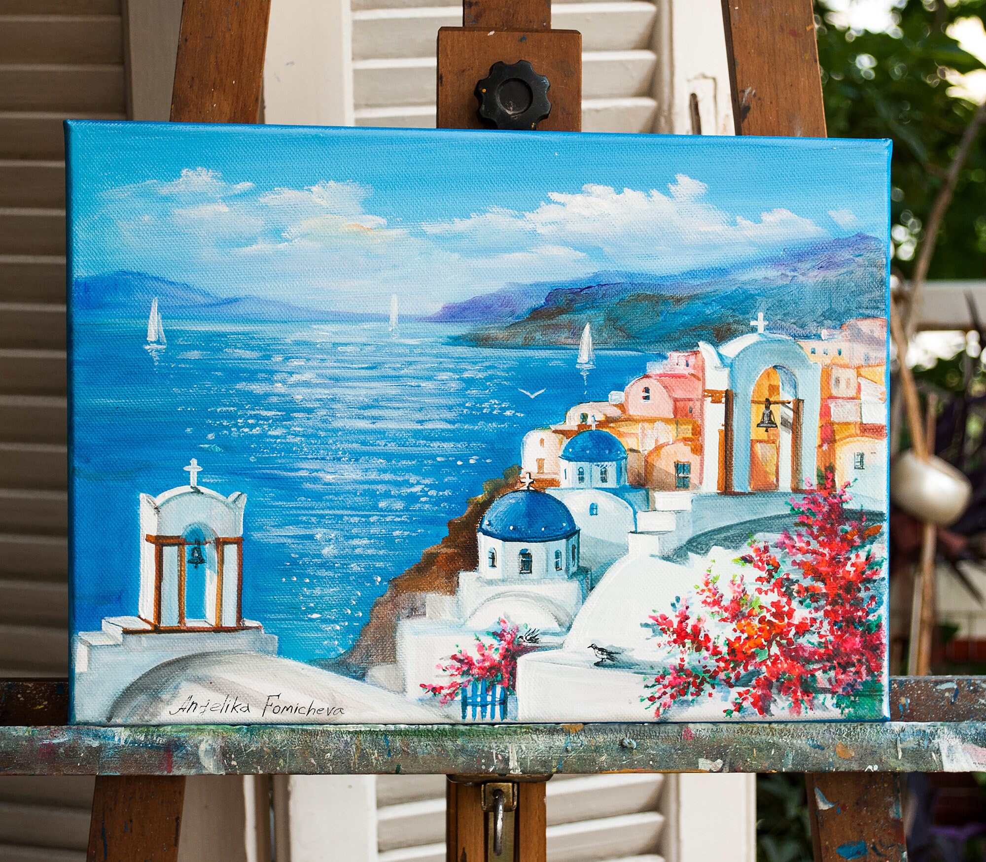 サントリーニ島の絵画：キャンバスに描かれたギリシャの島の