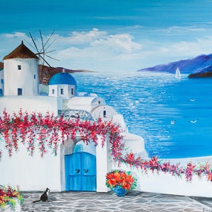 Seascape Oil Painting Greek Island Wall Art Santorini Island Art  20&quot;-28&quot; by AnjiHarmonyArt