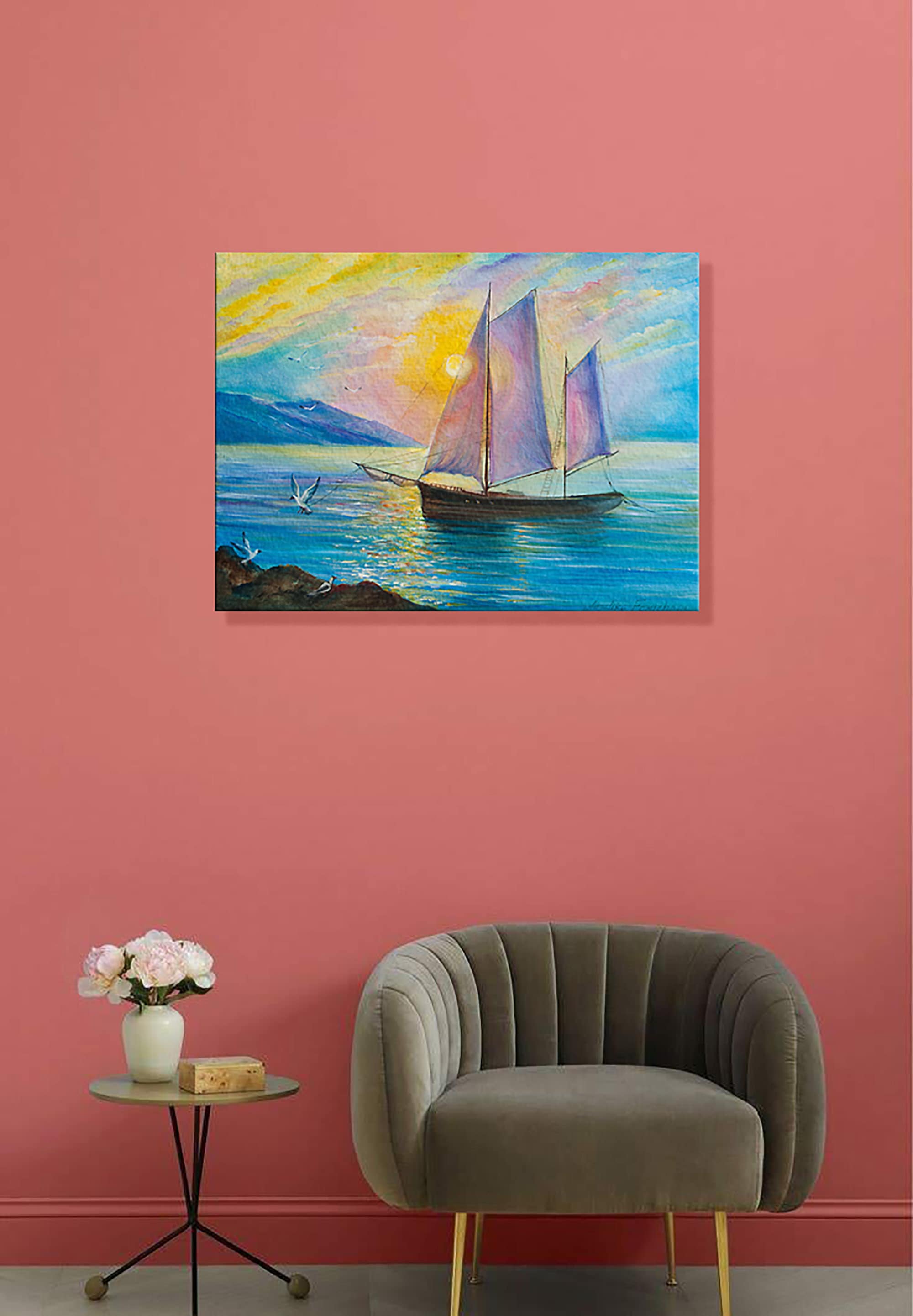 Seascape Pink Sunset Oil Painting Ship Wall Art Sailboat - Etsy