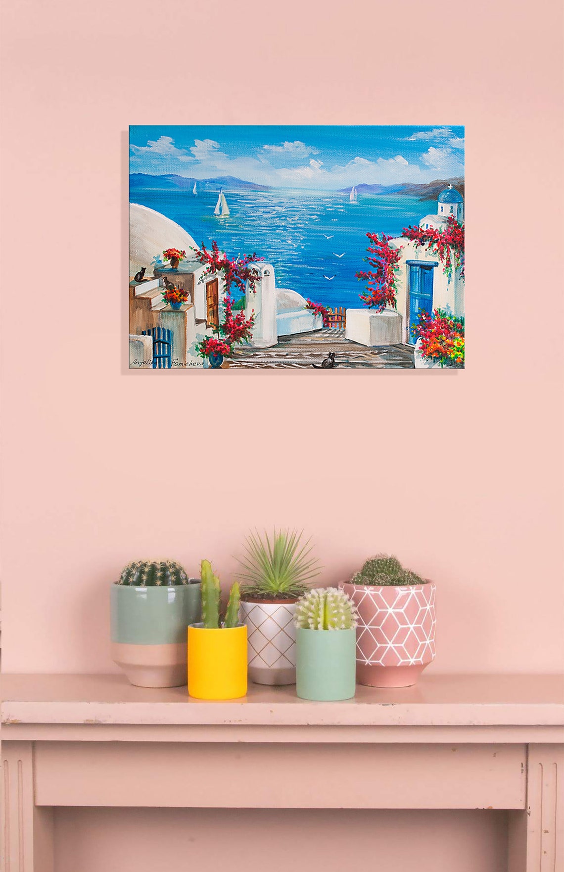 Greek Island Painting on Canvas Santorini Island Art Blue Sea Etsy