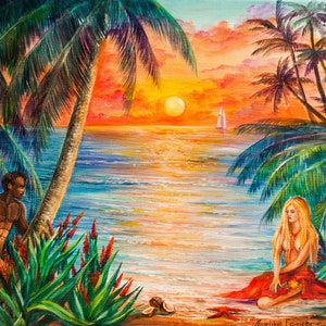 Naked Woman Hawaii Art Couple at Sunset on the Ocean Original Painting African American Art Love Gift 20&#39;&#39;x24&#39;&#39;inches by AnjiHarmonyArt
