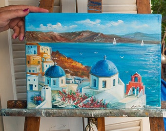 海景油絵 ギリシャの島の絵画 サントリーニ島のアート ギリシャ