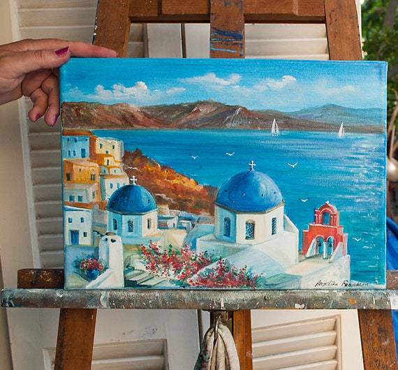 海景油絵 ギリシャの島の絵画 サントリーニ島のアート ギリシャ