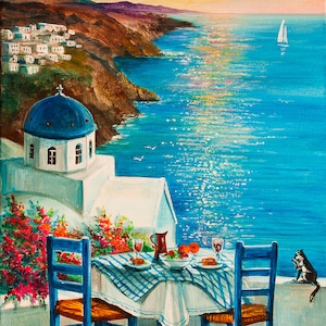 Greek Island Painting  on Canvas Santorini Island Art  Blue Sea Wall Art Sea Landscape Artwork 10&#39;-14&#39;by AnjiHarmonyArt