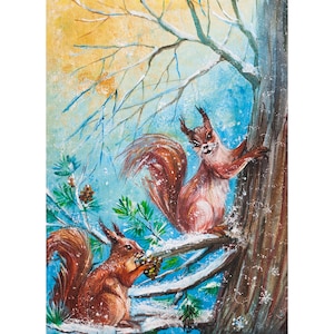 Squirrel Painting  Squirrel Wildlife Art Happy Snow Scene Gift for a Child 7&#39;-9,5&#39; by AnjiHarmonyArt