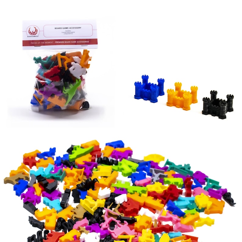 May include: A bag of colorful plastic game pieces, including castles, towers, and other shapes. The bag is labeled "Board Game Accessory".