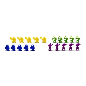 以下が含まれることがあります： 青、黄色、緑のプラスチック製のミニチュアフィギュアのセット。フィギュアは列に並べられており、弓兵や戦士など、さまざまなキャラクターが描かれています。