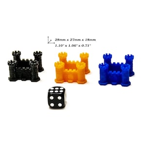 May include: Three miniature castle-shaped game pieces in black, yellow, and blue, along with a black six-sided die with white dots. The castles are approximately 1.10 inches by 1.06 inches by 0.71 inches.