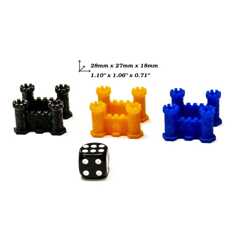 May include: Three miniature castle-shaped game pieces in black, yellow, and blue, along with a black six-sided die with white dots. The castles are approximately 1.10 inches by 1.06 inches by 0.71 inches.