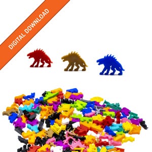 May include: A collection of small, flat, animal-shaped game pieces in various colors including red, yellow, blue, green, black, white, and pink. An orange diagonal banner in the top left corner displays the text DIGITAL DOWNLOAD.