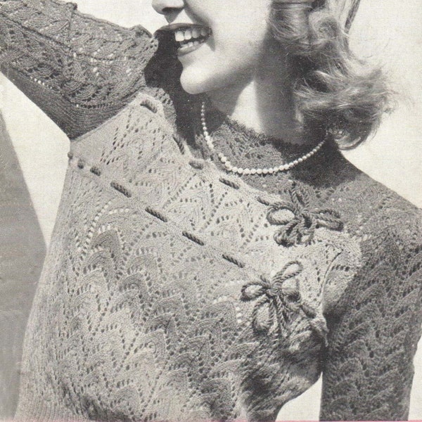 Vintage 1940s Knitting Pattern for a  Very Pretty Short Sleeved Sweater in Lace (Patons 179) - PDF Download