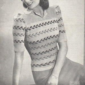 Vintage 1940s Knitting Pattern for a  Ladies Short Sleeved Fair-Isle Sweater (Patons 114) - PDF Download