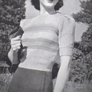Vintage 1940s Knitting Pattern for a  Ladies Striped Short Sleeved Sweater (Patons 893) - PDF Download
