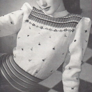 Vintage 1940s Knitting pattern for a Pretty Ladies Sweater with Embroidered flowers (Patons 190) -  PDF Download