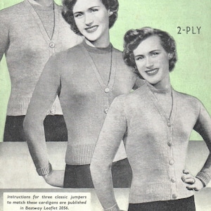 Vintage 1940s Knitting pattern -  Ladies, plain cardigan in 3 yarn weights (Bestway 2057)-  PDF Download