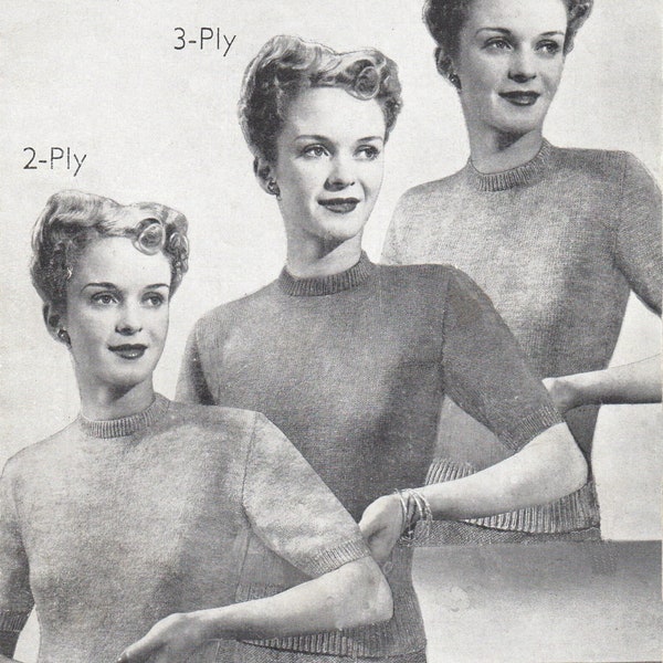 Vintage 1940s Knitting pattern -  Ladies, plain, short sleeved sweater in 3 yarn weights  (Bestway 2056)-  PDF Download