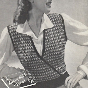 May include: A black and white patterned knit waistcoat with a V-neckline. The waistcoat is worn over a white collared shirt. The image includes the text "Emu Unshrinkable Wools" and "An Antony Walden Design".