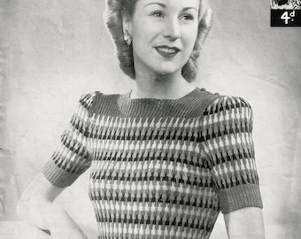 Vintage 1940s Knitting Pattern for a  Ladies Rainbow Sweater (Short or Long sleeves) Lavenda 915 - PDF Download