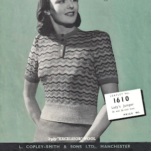 Vintage 1940s Knitting Pattern for a  Ladies Striped Short Sleeved Sweater (Copley 1610)- PDF Download