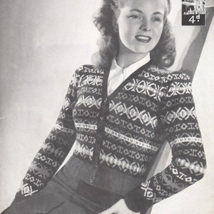 Vintage 1940s Knitting Pattern for a Fair Isle Cardigan - PDF Download