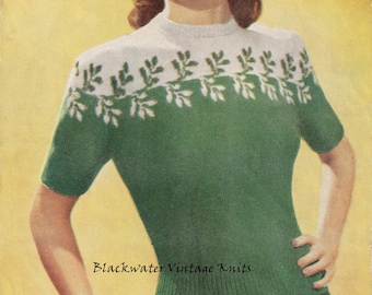 Vintage 1940s Knitting Pattern for a Colourwork Leaf Patterned Sweater - PDF Download