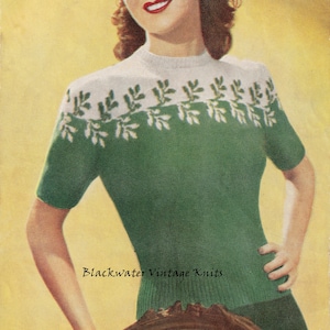 Vintage 1940s Knitting Pattern for a Colourwork Leaf Patterned Sweater - PDF Download