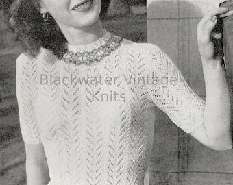 Pattern for a Lacy Sweater with Fair-Isle Neckline - Vintage 1940s - PDF download