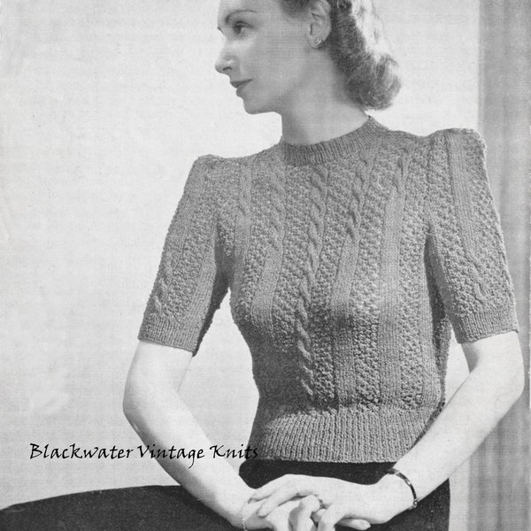 Vintage 1940s Knitting Pattern for a  Ladies Short Sleeved Cabled Sweater (Pearsall 365) - PDF Download