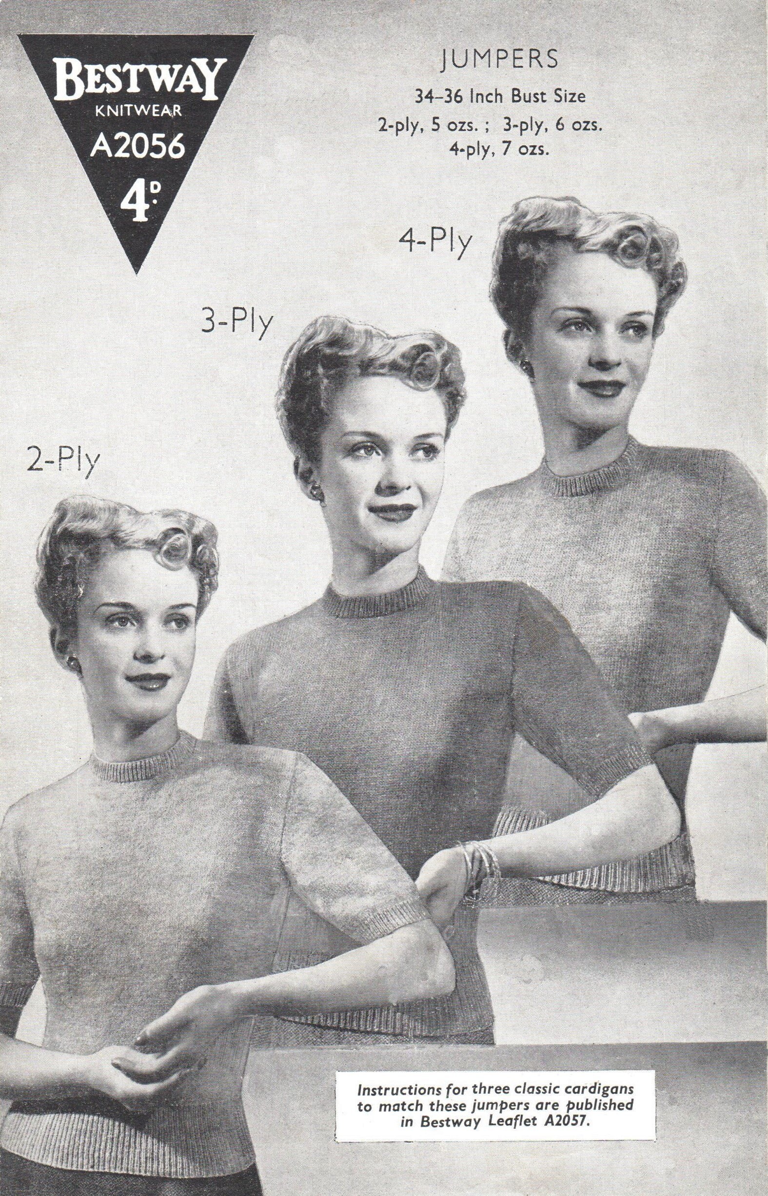Vintage 1940s Knitting pattern -  Ladies, plain, short sleeved sweater in 3 yarn weights  (Bestway 2056)-  PDF Download