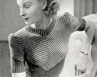 Vintage 1940s Knitting Pattern for a &#39;Striped Jumper / Sweater&#39; with interesting shoulder detail (Bestway 1584) - PDF Download
