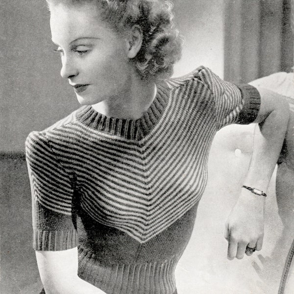 Vintage 1940s Knitting Pattern for a 'Striped Jumper / Sweater' with interesting shoulder detail (Bestway 1584) - PDF Download