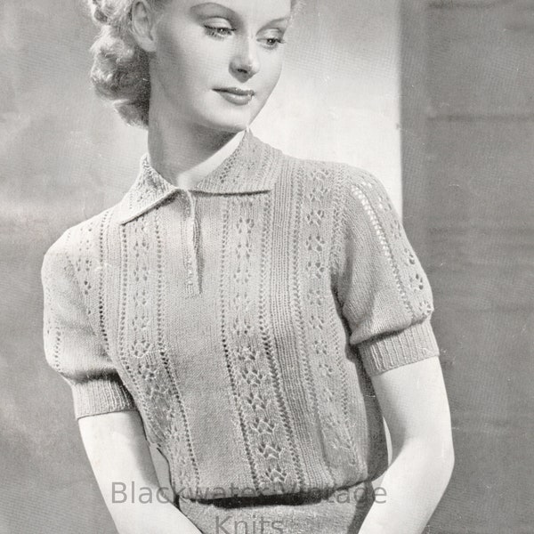 1940s Knitting Pattern - Ladies Short Sleeved Lacy Blouse with collar  (Patons 2667) - PDF download