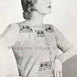 Vintage 1940s Knitting Pattern for a Poppy Trimmed Twinset (Bestway B 2176) - PDF download