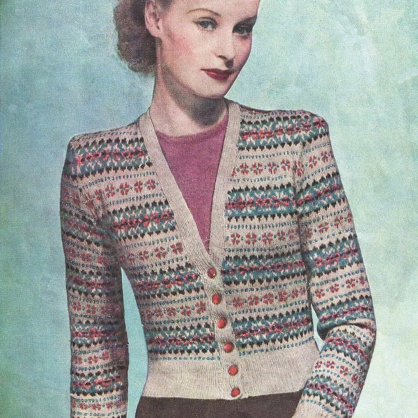 Vintage 1940s Knitting Pattern for a Ladies Fair Isle Cardigan  (Bestway 1491) - PDF download