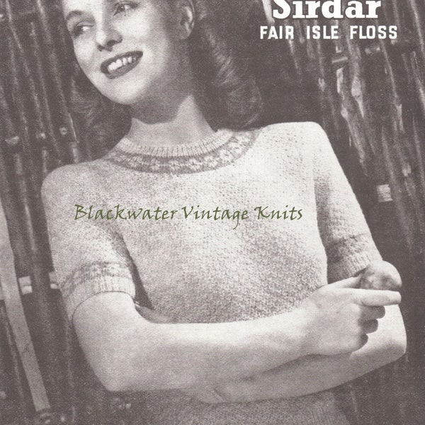 Ladies  Sweater with Fair-Isle Trim  Knitting Pattern - Vintage 1940s (Sirdar 1180) - pdf download