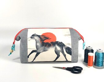 Horse themed toiletry bag, grey linen boxy "retreat" bag, makeup travel bag, Santa Fe zipper pouch