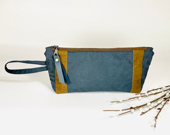 Blue and tobacco waxed canvas UNISEX catch-all zipper pouch, small hangable toiletry bag, tool and gadget pouch, wax canvas travel pouch