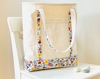 Liberty of London floral trimmed natural canvas market tote bag, large unbleached cotton canvas tote featuring Liberty's "Edenham" Tana lawn